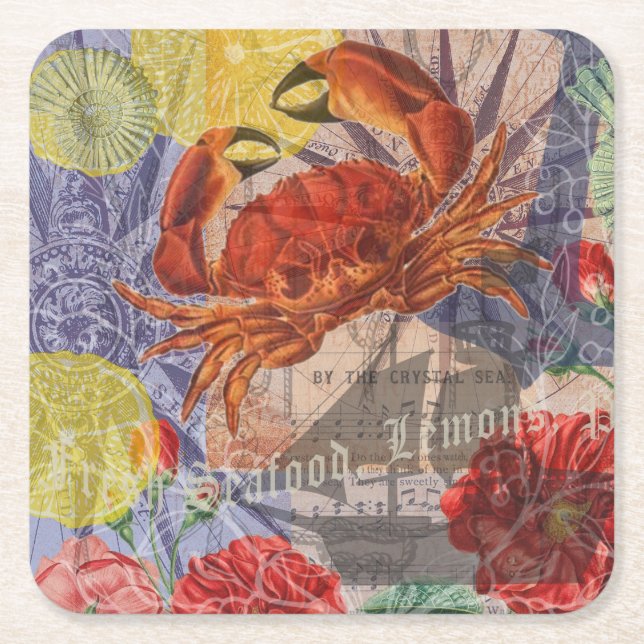 Crab Nautical Beach Seafood Art Square Paper Coaster (Front)