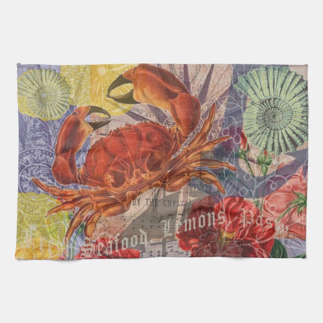 Crab Nautical Beach Seafood Art Tea Towel (Horizontal)