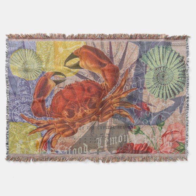 Crab Nautical Beach Seafood Art Throw Blanket (Front)