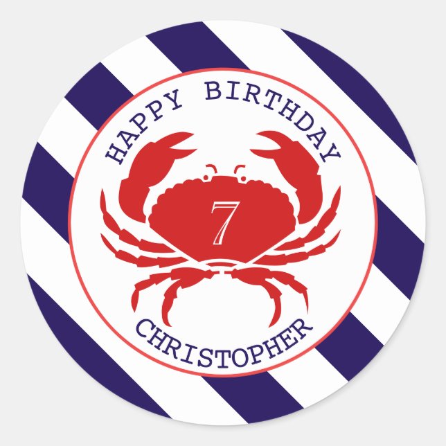 Crab Nautical Birthday Party Invitation Classic Round Sticker (Front)