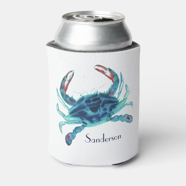 Crab Nautical Blue Teal Turquoise Aqua Can Cooler (Can Back)