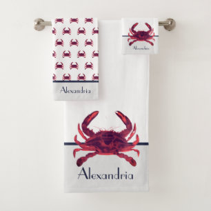 Crab Nautical Burgundy Maroon Red and Grey Bath To Towel Set
