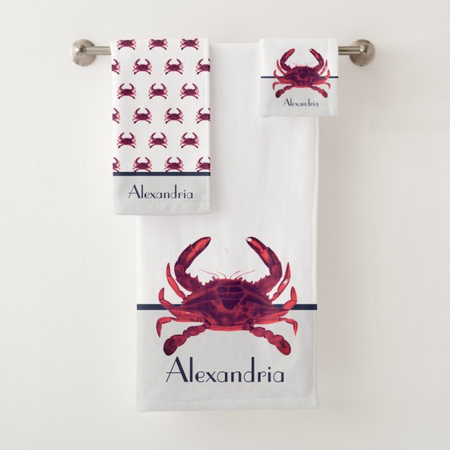 Crab Nautical Burgundy Maroon Red and Grey Bath To Towel Set (Insitu)