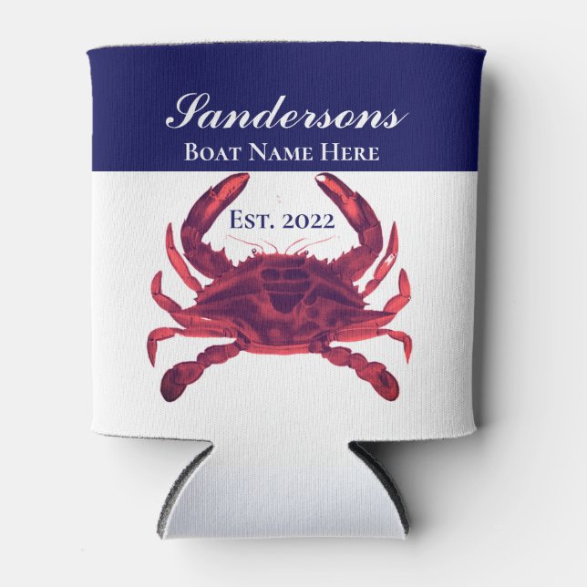 Crab Nautical Burgundy Maroon Red Can Cooler (Front)