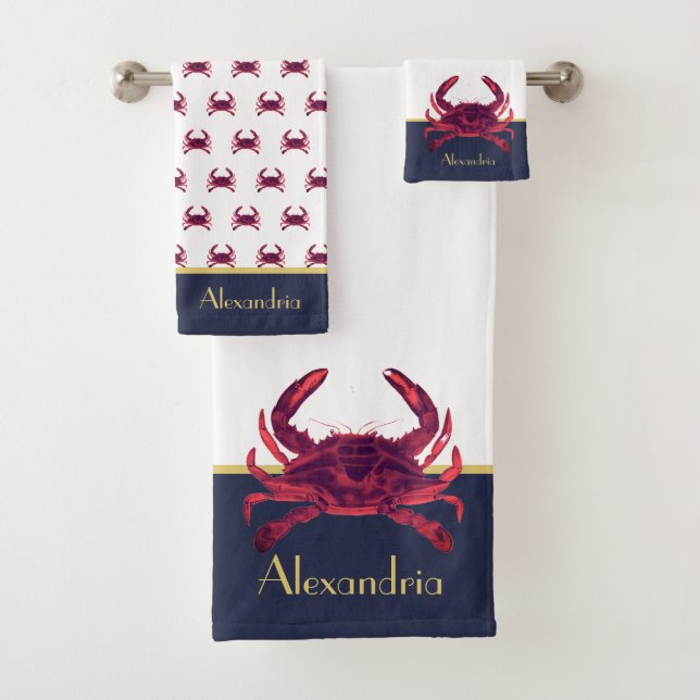 Crab Nautical Burgundy Maroon Red Gold Navy Blue   Bath Towel Set (Insitu)