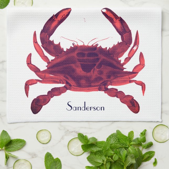 Crab Nautical Burgundy Maroon Red  Tea Towel (Folded)