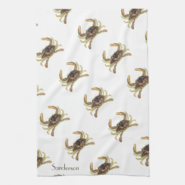 Crab Nautical Coastal Tan Khaki Sandy  Kitchen Tow Tea Towel (Vertical)
