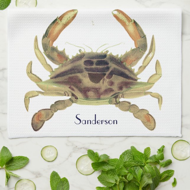 Crab Nautical Coastal Tan Khaki Sandy  Tea Towel (Folded)