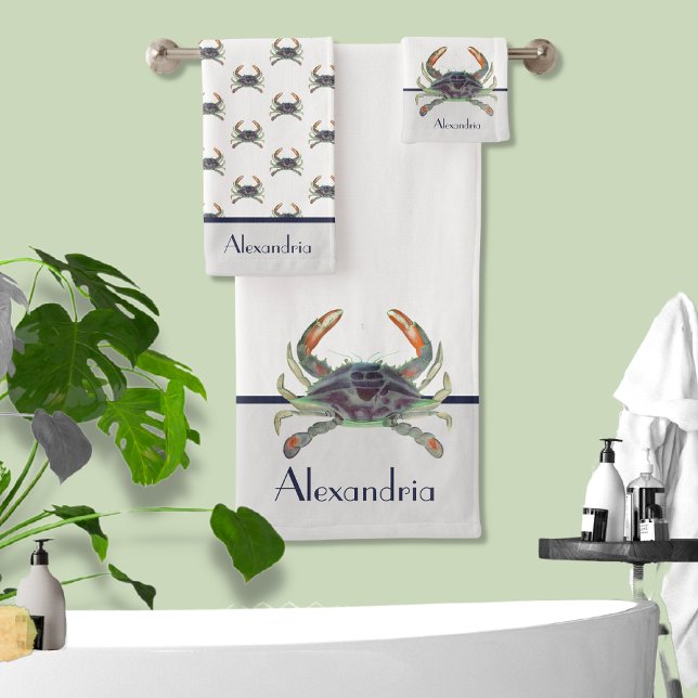 Crab Nautical Green and Grey  Blue Bath Towel Set (Creator Uploaded)