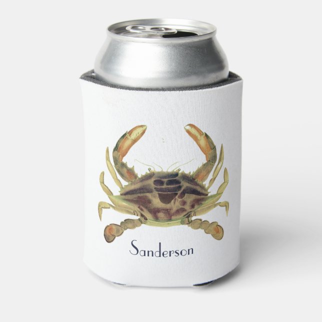 Crab Nautical Grey Blue and Green Can Cooler (Can Back)