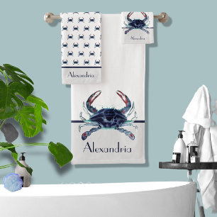 Crab Nautical Navy Blue and Grey Bath Towel Set
