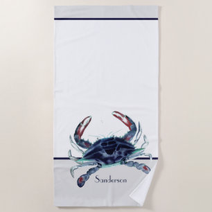 Crab Nautical Navy Blue and White Beach Towel