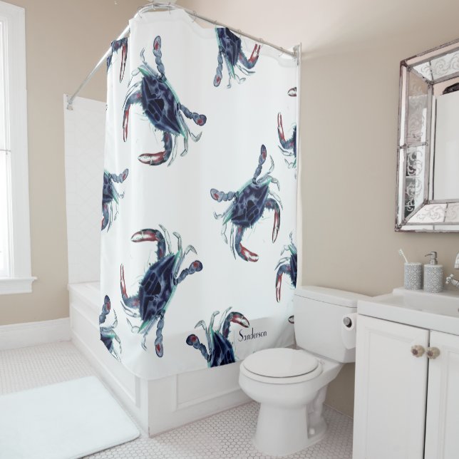 Crab Nautical Navy Blue and White  Shower Curtain (In Situ)
