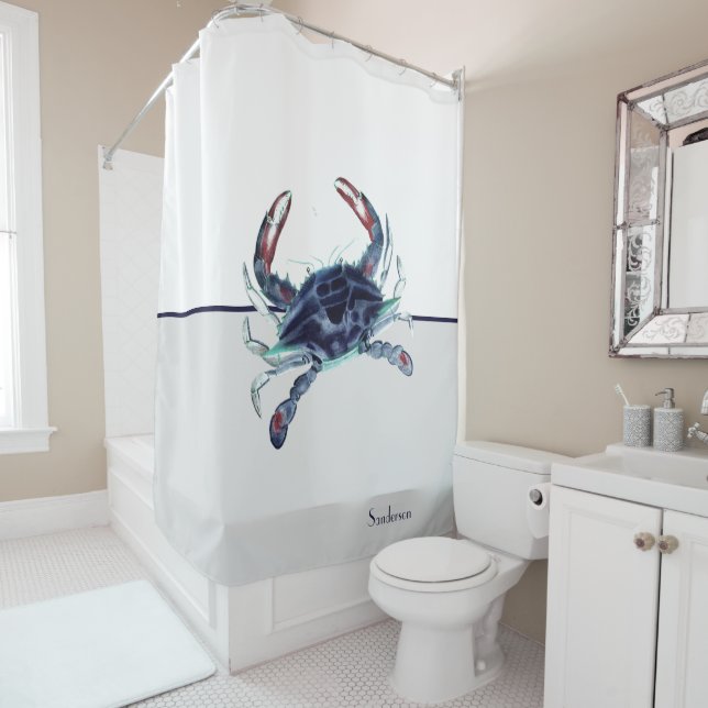 Crab Nautical Navy Blue and White   Shower Curtain (In Situ)