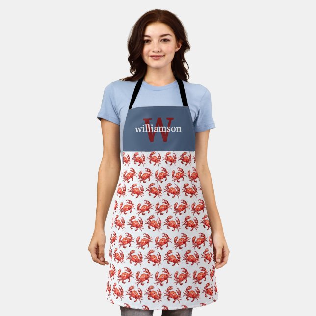 Crab Pattern Blue Personalised Apron (Worn)