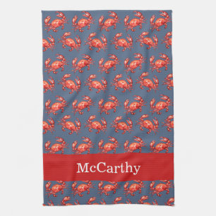 Crab Pattern Summer Beach Personalised Navy Tea Towel