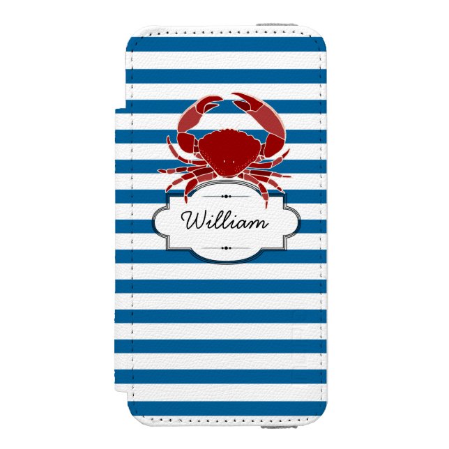 Crab Personalised Blue and White Horizontal Stripe Incipio iPhone Wallet Case (Folio Front)