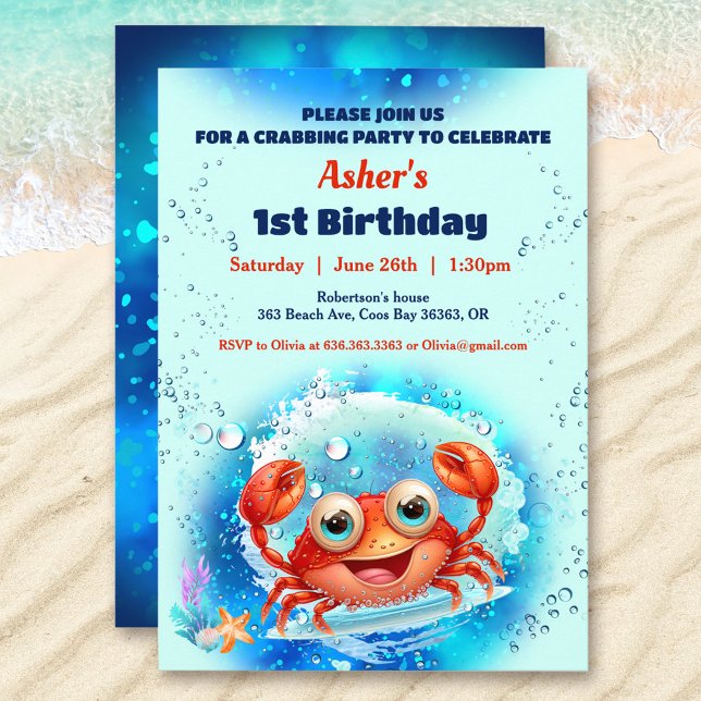 Crab Pool 1st Birthday Party Blue Boy Custom Age  Invitation (Crab Pool 1st Birthday Party Blue Boy Custom Age Invitation)