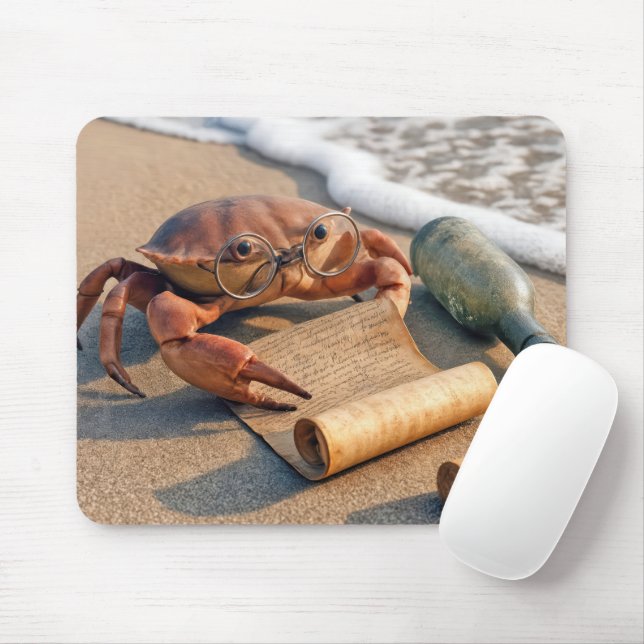 Crab Reading a Message on a Beach Mouse Mat (With Mouse)