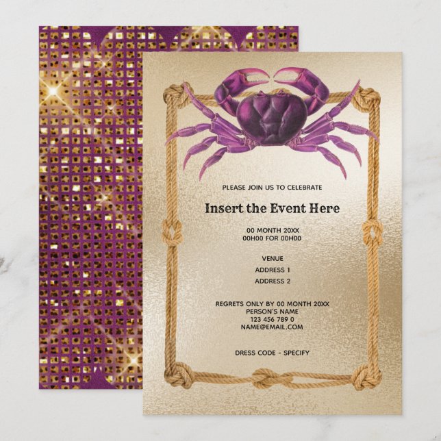 Crab rope frame magenta pink gold glitter nautical invitation (Front/Back)