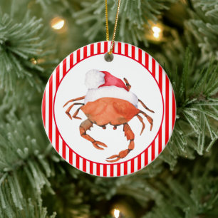 Crab Santa Christmas Watercolor Ceramic Tree Decoration
