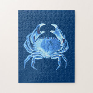 Crab Sea Life Print, Indigo Blue and White Jigsaw Puzzle