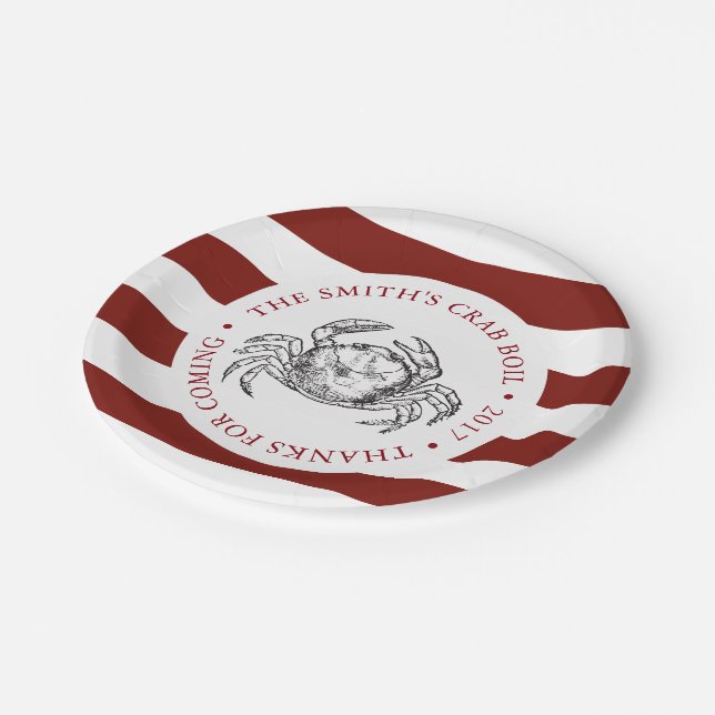 Crab | Seafood Boil Custom Red Striped Paper Plate (Angled)