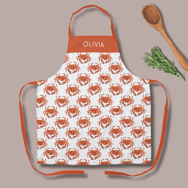 Crab Seaside Pattern Personalised Name Apron (Brown crab crustacean patterned apron.  Personalize with your own name or choice of text.)