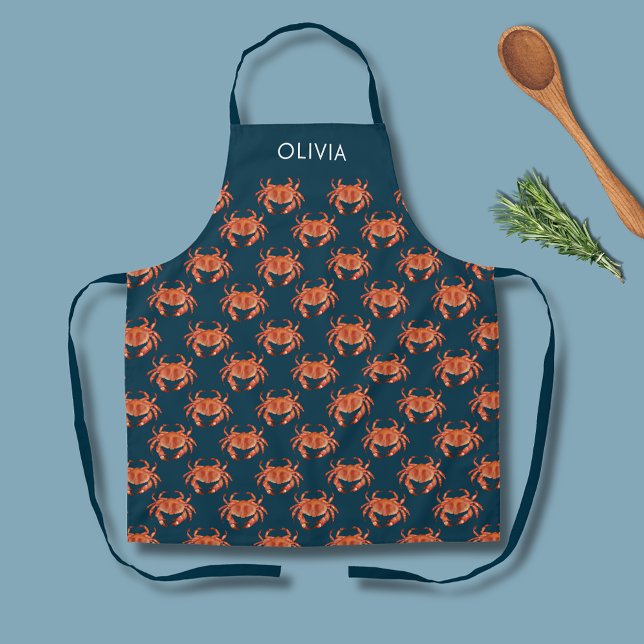 Crab Seaside Pattern Personalised Name Apron (Brown crab personalized kitchen apron.  Matching items available for kitchen and dining.)