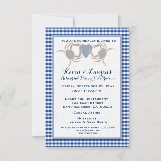 Crab Theme with Blue Gingham Invitation (Front)
