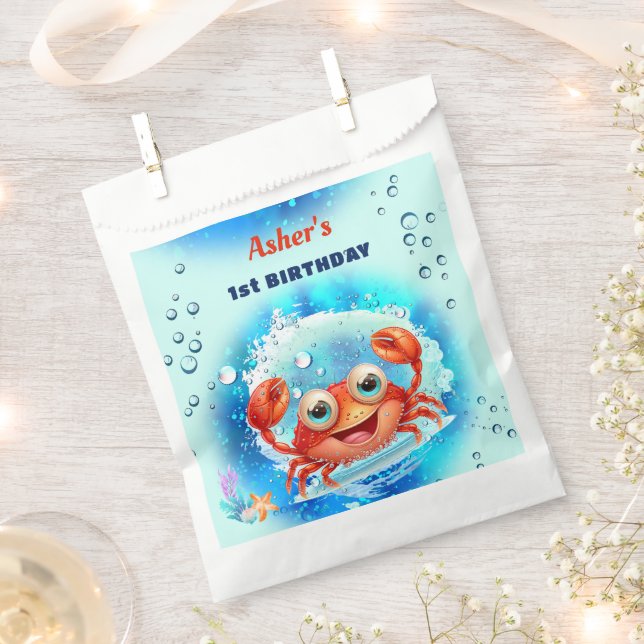 Crab Turquoise 1st Birthday Pool Party Custom Age Favour Bags (Clipped)