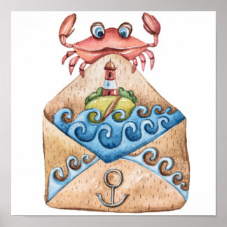 Crab Watercolor Drawing Poster