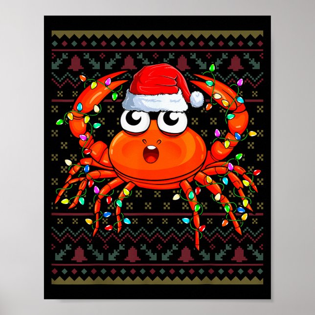 Crab Wearing Xmas Lights Santa Hat Crab Christmas  Poster (Front)