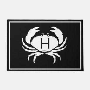 CRAB WHITE on BLACK initial Modern Letter Doormat