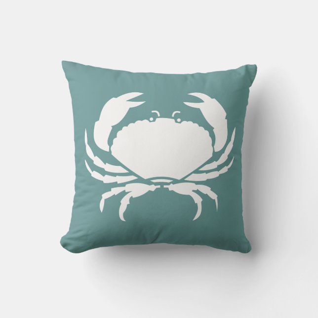 CRAB WHITE on dark teal blue pillow (Front)