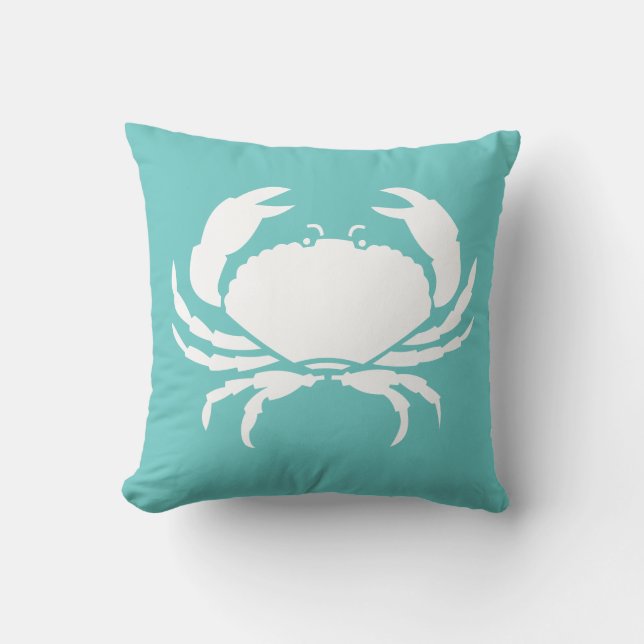 CRAB WHITE on teal blue pillow (Front)