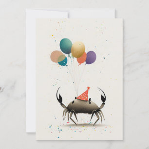Crab with Colourful Balloons Flat Greeting Card