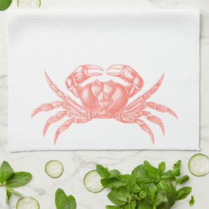 Crab Woodblock Print Artisan Style Coral Tea Towel