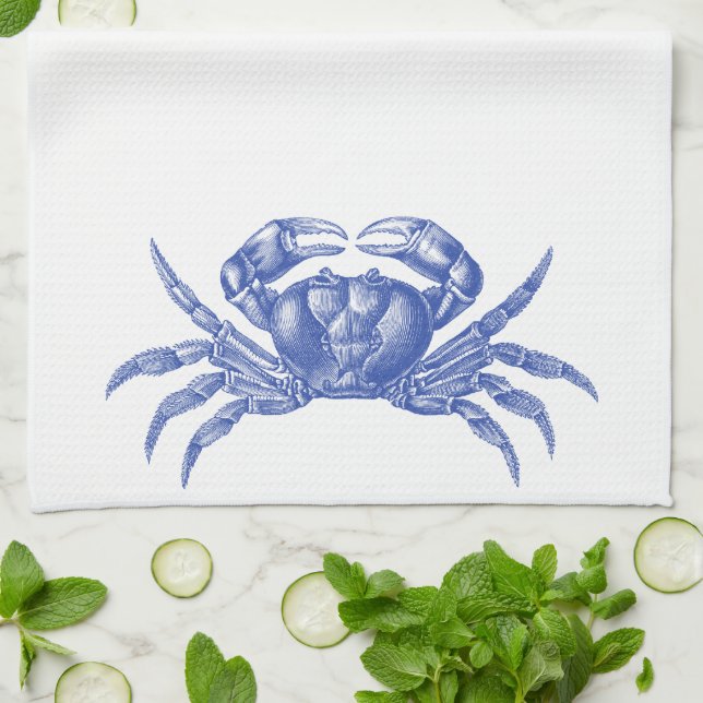 Crab Woodblock Print Artisan Style Nautical Blue Tea Towel (Folded)
