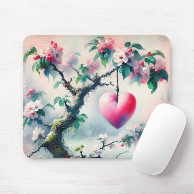 Crabapple Tree Heart Mouse Mat (With Mouse)