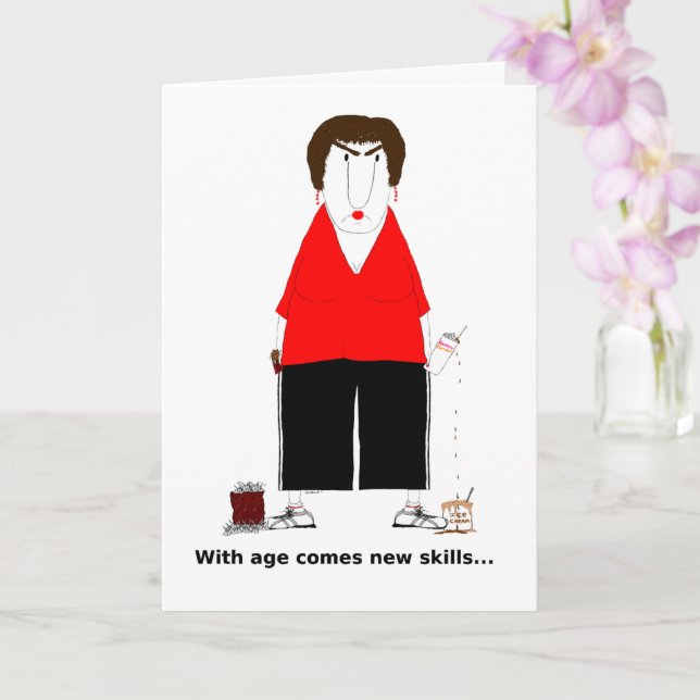 Crabby Senior Woman with Coffee and Chocolate  Card (Orchid)