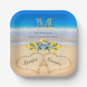 Crabs and Lemon Wedding Hearts in Sand  Paper Plate
