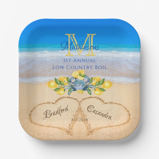 Crabs and Lemon Wedding Hearts in Sand  Paper Plate (Front)