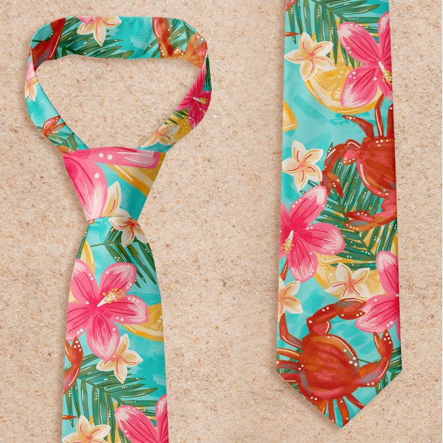 Crabs Lemons Hibiscus Hand-Drawn Tropical Pattern Tie (Creator Uploaded)