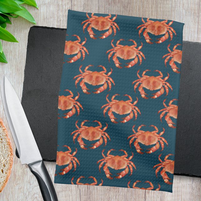 Crabs Seaside Pattern Tea Towel (Brown crab on navy crustacean kitchen towel)