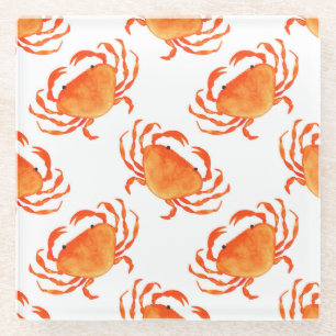 Crabs Watercolor: White Background Pattern Glass Coaster