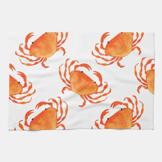 Crabs Watercolor: White Background Pattern Tea Towel (Horizontal)