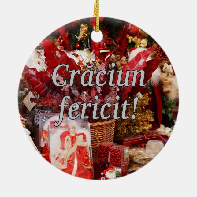 Crăciun fericit! Merry Christmas in Romanian wf Ceramic Tree Decoration (Back)