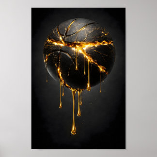 Cracked Black Basketball with Dripping Liquid Gold Poster
