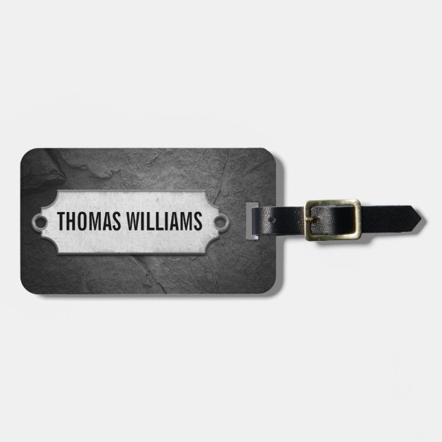 cracked black stone texture with metal tag (Front Horizontal)